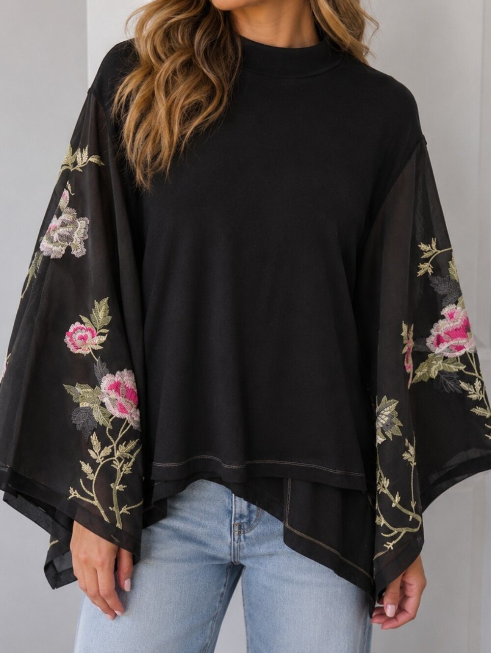 Free People Floral Embroidered top Black Womens Size S